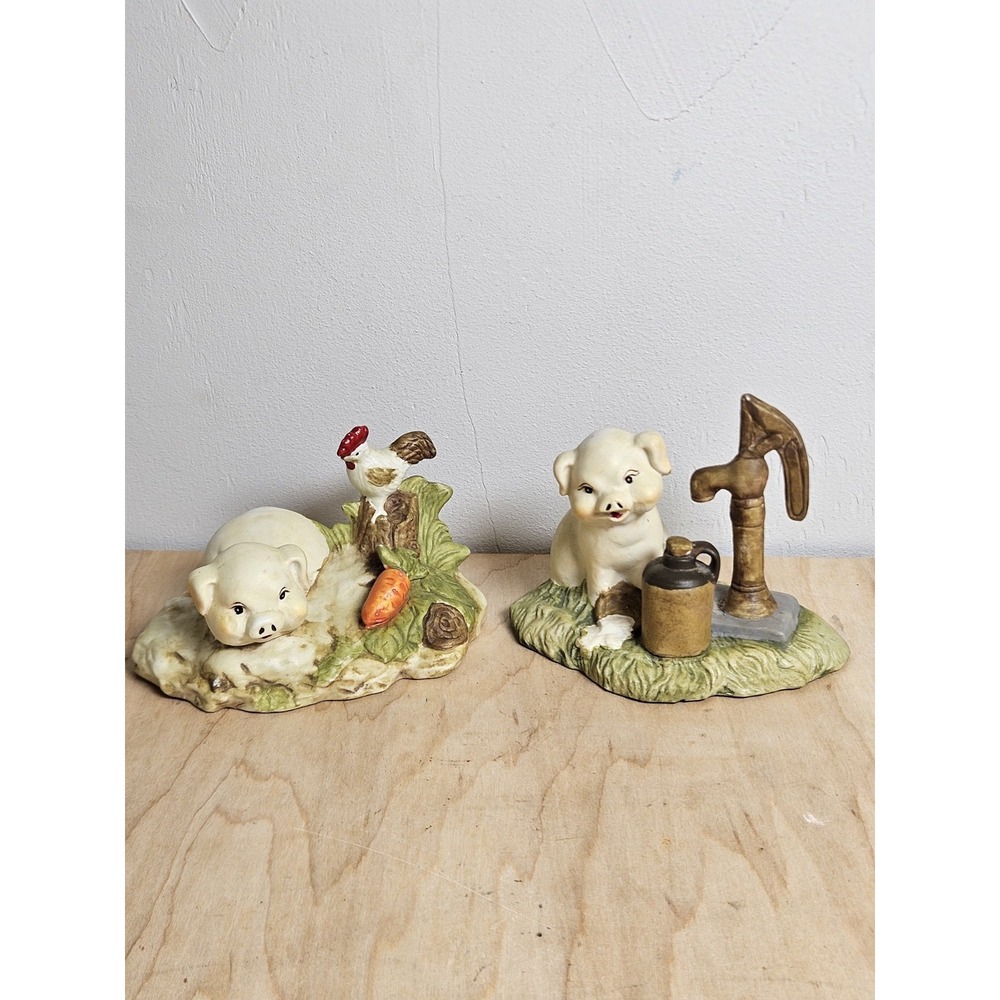 Pig Figurines Set of 2 Rooster Water Pump Carrot Country Farmhouse Decor